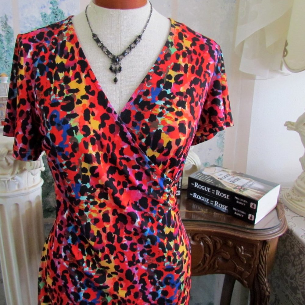 COLORFUL DRESS, NWOT, SMALL; RED, BLACK, YELLOW & BLUE BODYCON, ASYMMETRICAL